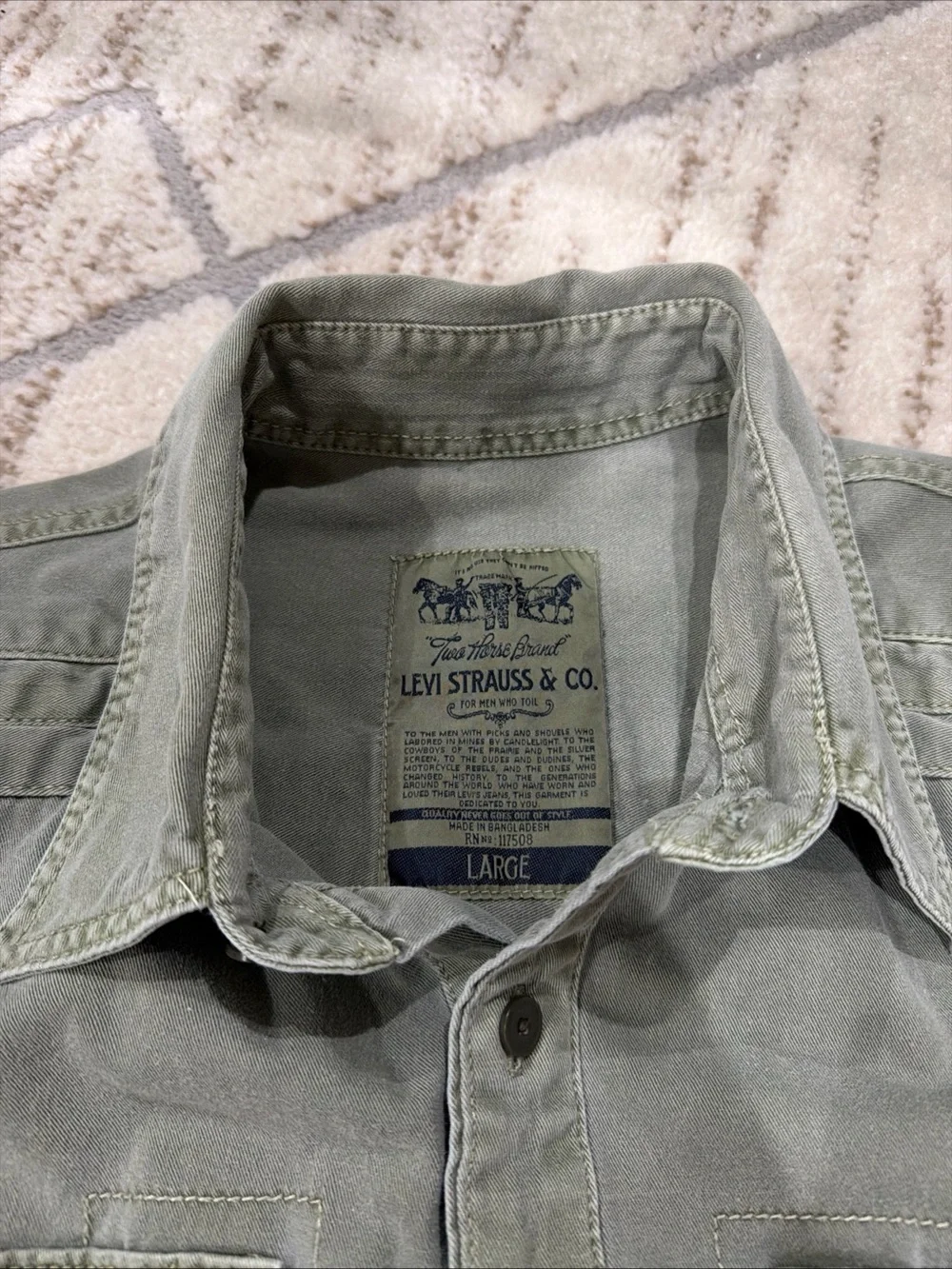 Vintage 90s Levi's Green Canvas Button Down Shirt Green Two Horse Tag Size Large